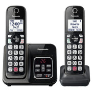 Panasonic front view showing base and two handsets, clear system overview