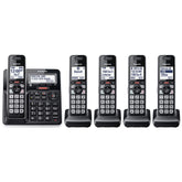 Panasonic front view of base and five handsets showing whole-home coverage and convenience