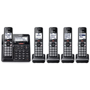 Panasonic front view of base and five handsets showing whole-home coverage and convenience