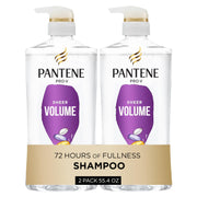 Pantene botella frontal mostrando Sheer Volume y beneficio de volumen ligero
