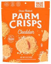 Parmcrisps frente del empaque mostrando sabor cheddar y tamaño familiar