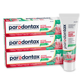Parodontax frontal con tres tubos mostrando suministro prolongado