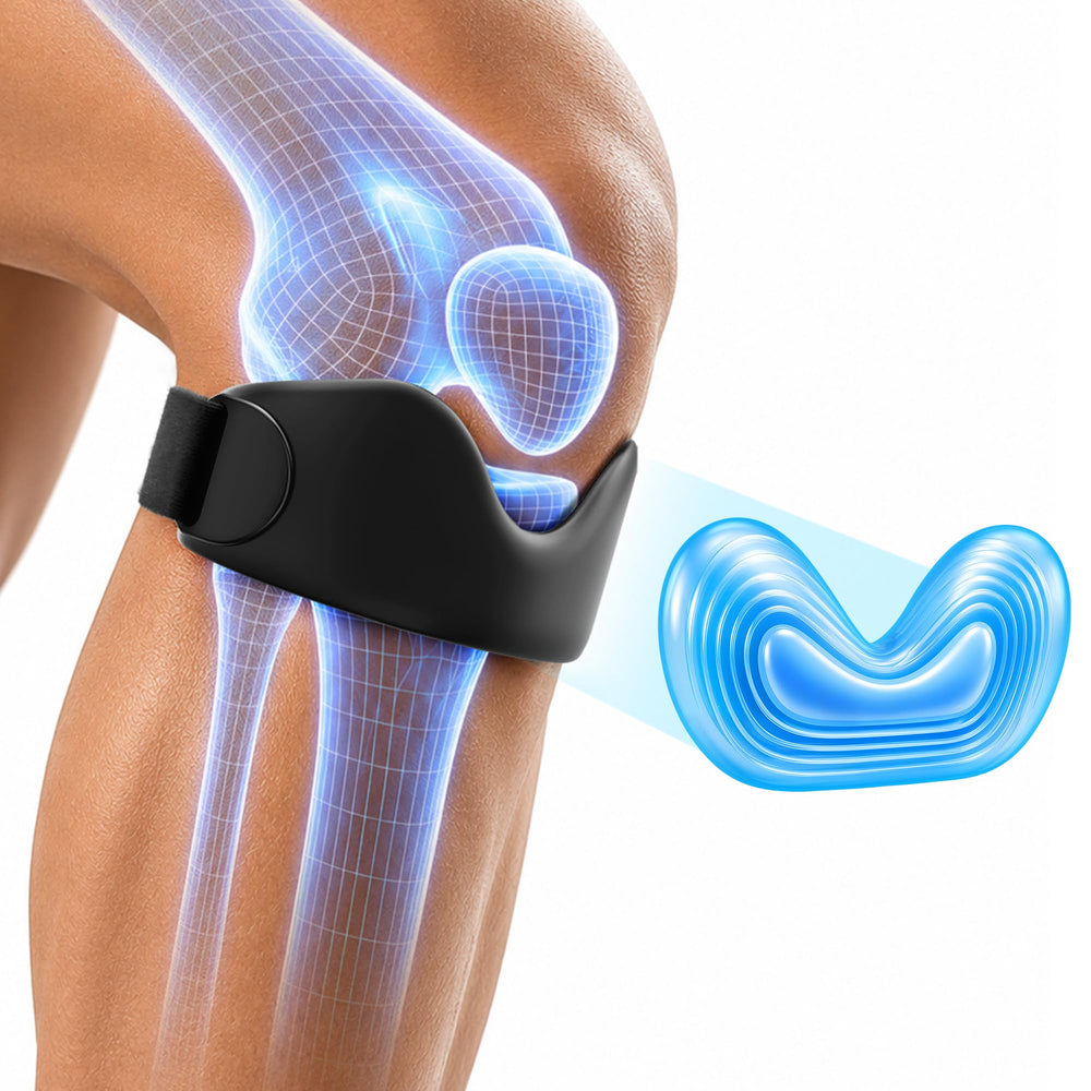 Patella Stryde vista frontal del pack mostrando las dos bandas y beneficios de soporte