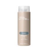 Paul Mitchell botella frontal mostrando el diseño y beneficio de limpieza suave