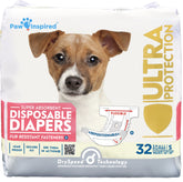 Paw Inspired paquete frontal con 32 pañales, presentación clara y beneficios