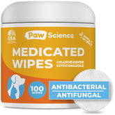 Paw Science empaque frontal mostrando 100 toallitas y beneficios visibles