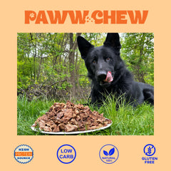 PAWW CHEW comparación con mano humana para escala, porciones controladas