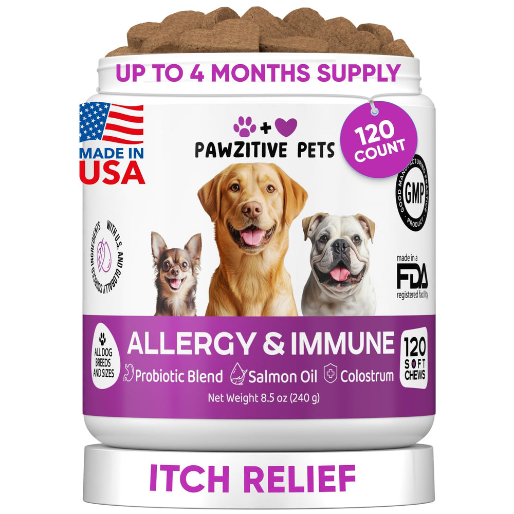 Pawzitive Pets frasco frontal mostrando masticables y beneficio comodidad