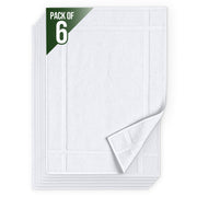 Pearl Linens front view of six-pack white bath mat towels showing size and packaging benefit