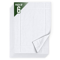 Pearl Linens front view of six-pack white bath mat towels showing size and packaging benefit