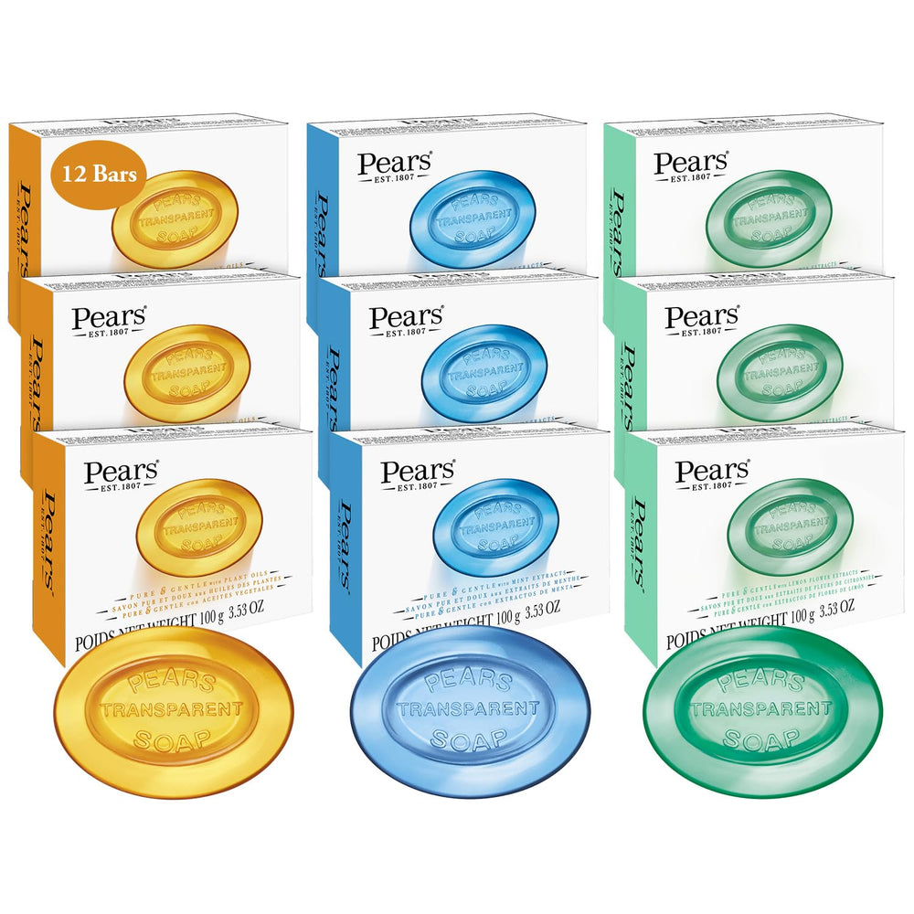 Pears embalaje frontal mostrando pack de 12 barras y conveniencia