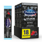 Pedialyte AdvancedCare Plus front packet showing Berry Frost branding and convenience