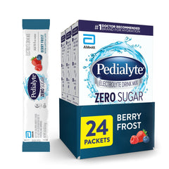 Pedialyte frente del empaque Berry Frost mostrando 24 sobres, hidratación práctica