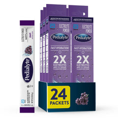 Pedialyte frente del empaque uva mostrando 24 sobres y marca Pedialyte para rehidratación rápida