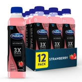 Pedialyte strawberry front packaging showing 12 half-liter bottles and product branding benefits