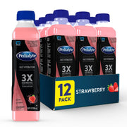 Pedialyte strawberry front packaging showing 12 half-liter bottles and product branding benefits