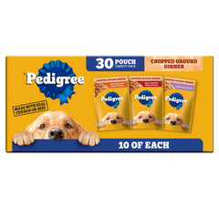 Pedigree front packaging showing variety pack and convenient pouches