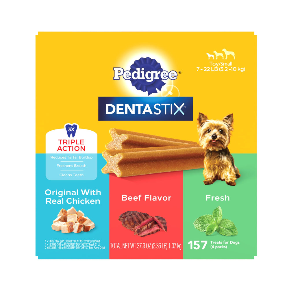 Pedigree Dentastix paquete frontal muestra la presentación grande y beneficios