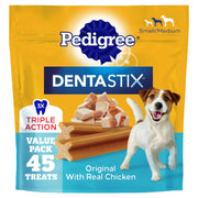 Pedigree Dentastix paquete frontal mostrando 45 unidades y beneficios