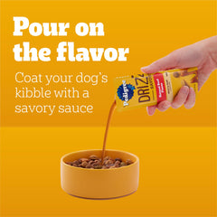 Pedigree Drizzlers sobre abierto vertiendo salsa sobre pienso para más sabor