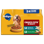 Pedigree lata frontal Choice Cuts pollo mostrando presentación y conveniencia