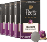 Peet's Ricchezza frontal paquete mostrando 50 cápsulas y conveniencia