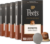 Peet's Coffee frente del paquete mostrando 5 cajas y 50 cápsulas, conveniencia y diseño