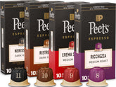 Peet's variety pack front view showing four capsule boxes and benefits of choice