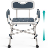 PELEGON front view of blue shower chair showing stability and comfort