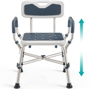 PELEGON front view of blue shower chair showing stability and comfort