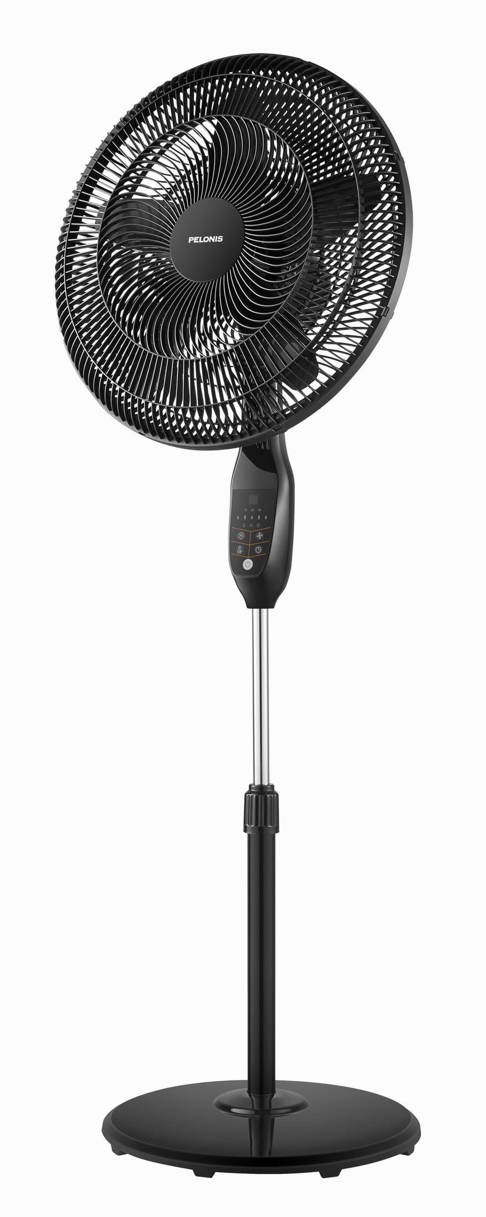 PELONIS front view pedestal fan showing airflow and sleek black finish