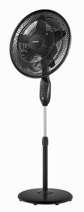 PELONIS front view pedestal fan showing airflow and sleek black finish