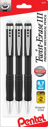 Pentel lápiz frontal pack de tres mostrando diseño elegante y listos para uso