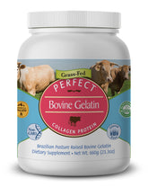 Perfect Supplements envase frontal de gelatina bovina, pureza visible