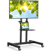 PERLESMITH front view of rolling TV stand showing sturdy frame and mounted TV for versatile placement