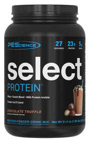 PEScience front packaging showing Chocolate Truffle and 27 servings, convenient and clear