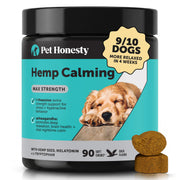 Pet Honesty front packaging showing 90-count duck-flavored calming chews for easy dosing