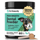 Pet Honesty envase frontal del polvo dental mostrando diseño y beneficios