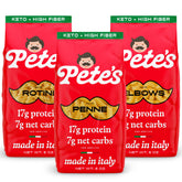 Pete's Pasta front packaging showing three-shape variety and healthy benefits