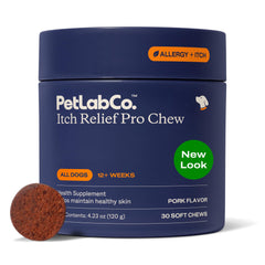 PetLab Co. envase frontal de Itch Relief Chew Pro mostrando 30 masticables y beneficios