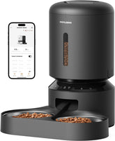 PETLIBRO front view showing dual-bowl feeder and compact design benefit convenience