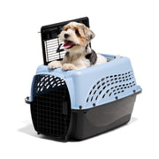 Petmate front view showing blue two-door kennel and safe secure latches