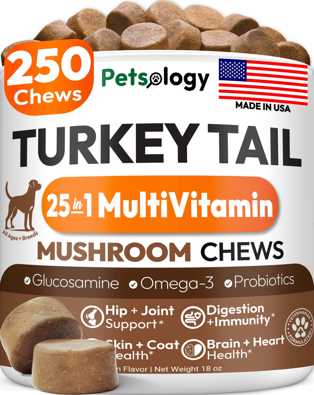 Petsology envase frontal del producto mostrando 250 chuches y beneficios