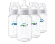 Philips Avent front packaging showing four 11 oz bottles and included Flow 3 nipples for convenience