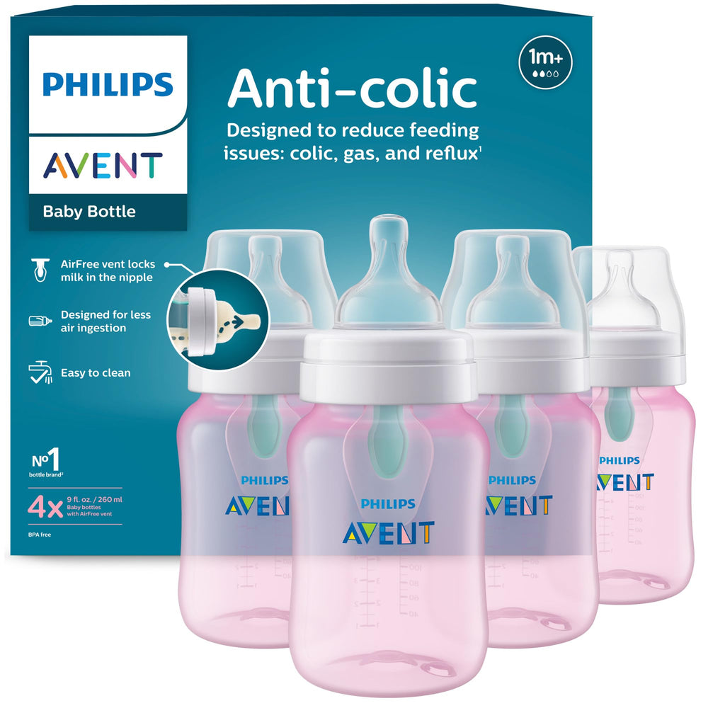 Philips Avent front packaging showing four 9oz bottles and included nipples for convenience