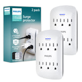 Philips vista frontal del pack de dos protectores con seis tomas y perfil bajo