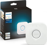 Philips Hue Bridge front view showing compact hub and brand, improves home lighting control