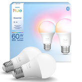 Philips Hue vista frontal de la bombilla mostrando la forma A19 y rosca E26, ideal para sustituir