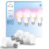 Philips Hue frontal del paquete mostrando las cuatro bombillas y beneficios de color