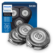 Philips Norelco frente del empaque mostrando pack de tres cabezales y beneficio de rendimiento